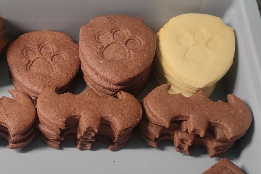 Eigen vanille- en chocoladekoekjes met pootafdrukken en vleermuisvormen