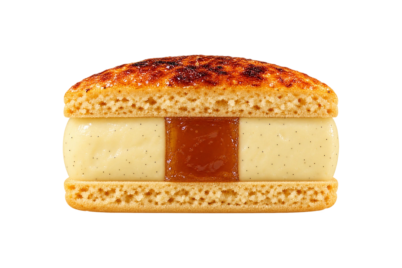 Crème Brûlée verticaal doorgesneden, met vanillebotercrème en kleine karamelkern