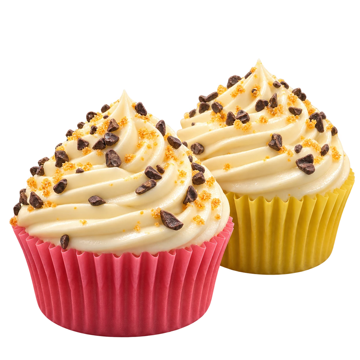 Voorstelling van twee cupcakes met een hoge lichte crèmetoef en kleine decoraties