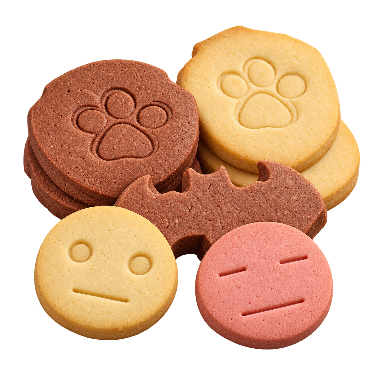 Voorstelling van vanille- en chocoladekoekjes met pootafdrukken en een vleermuismotief