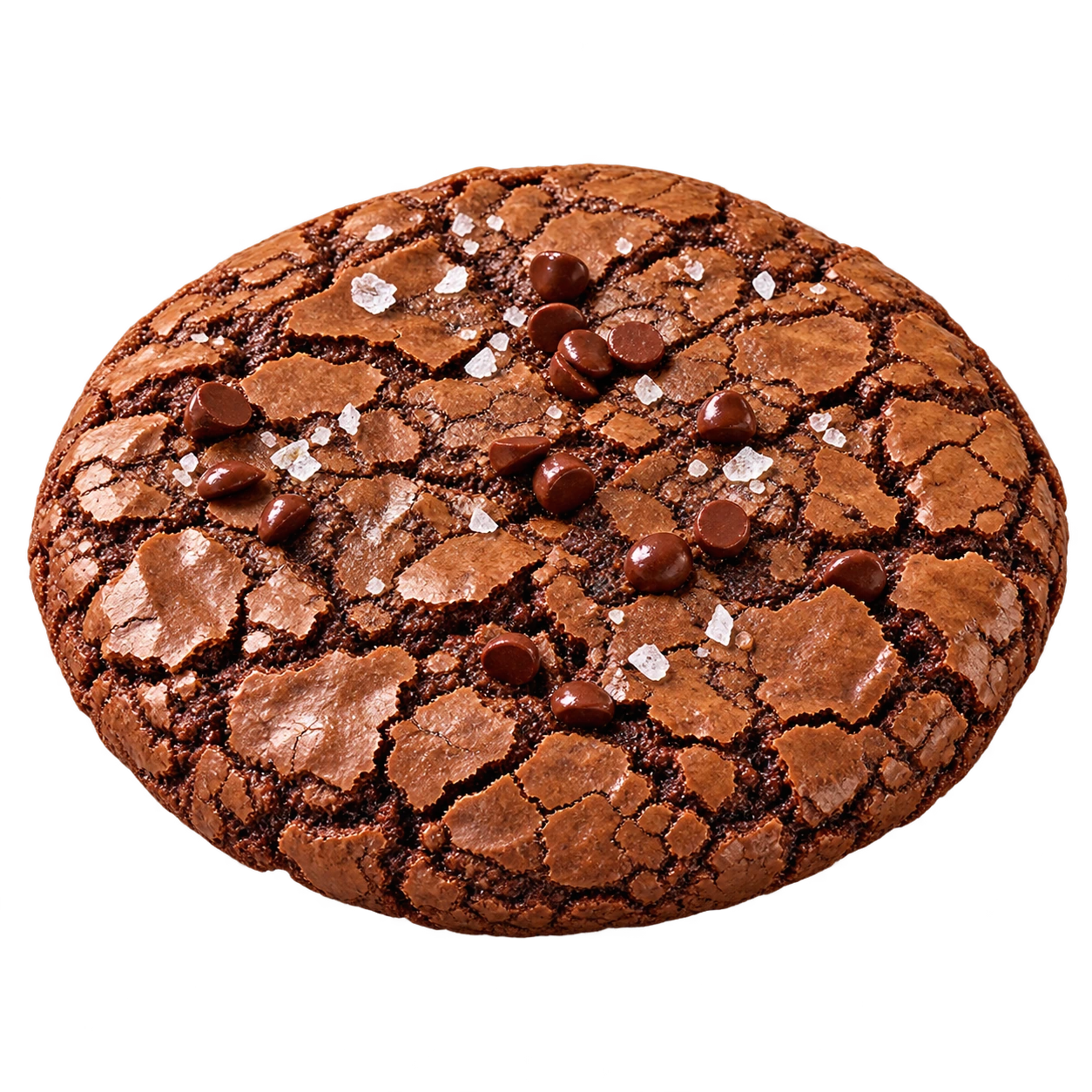 Voorstelling van een ronde Salted Brownie Cookie met gebarsten chocoladekorst, chocoladedruppels en zeezoutflakes